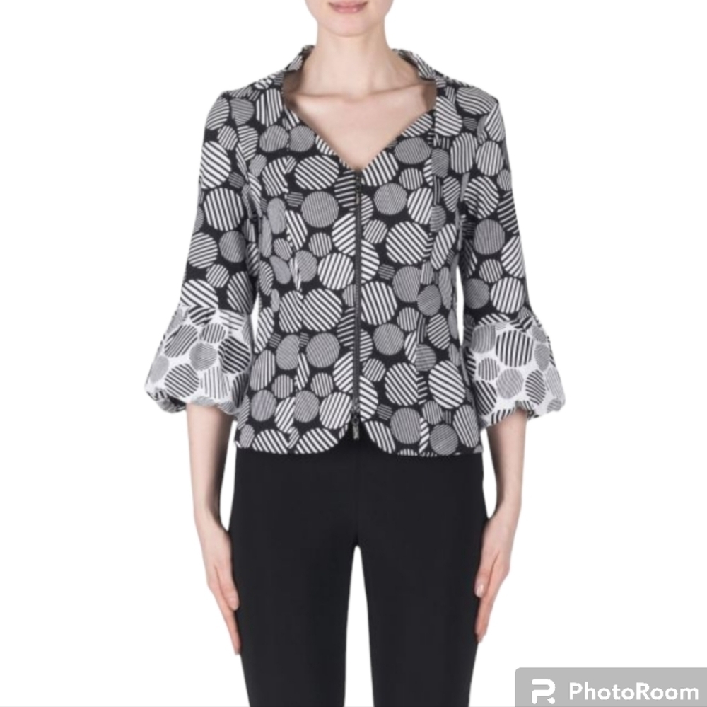 JOSEPH Ribkoff black white abstract polka dot balloon sleeve zip front jacket